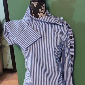 Blue and White Striped Button-Up Top